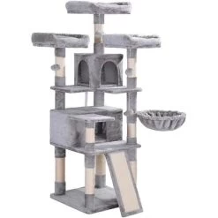 Acaza Katten Krabpaal Met Twee Huisjes En Speeltjes Voor Meerdere Katten, Xxl, Cat Condo, 168 Cm, Lichtgrijs