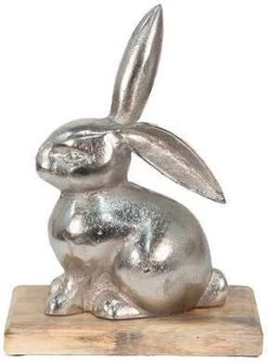 Clayre & Eef Beeld Konijn 21x11x28 Cm Zilverkleurig Aluminium Hout Decoratief Figuur Paashaas Woonaccessoires