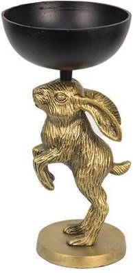 Clayre & Eef Decoratie Schaal Konijn Ø 15x28 Cm Goudkleurig Zwart Aluminium Fruitschaal Presenteerschaal Goudkleurig